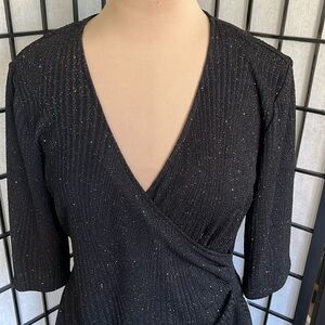 Signature by Robbie Bee Black Sparkly Pullover V-neck Tiered Dress L